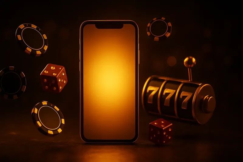 Glowing Smartphone Casino Banner Panoramic banner with glowing smartphone, casino chips, slot reels, dice, and gold accents